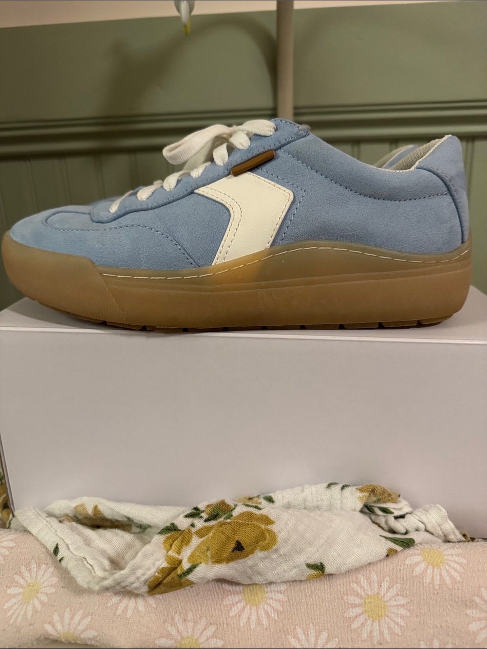 Dr. Scholl's Time Off Light Blue and White Suede Sneakers with Gum Sole
